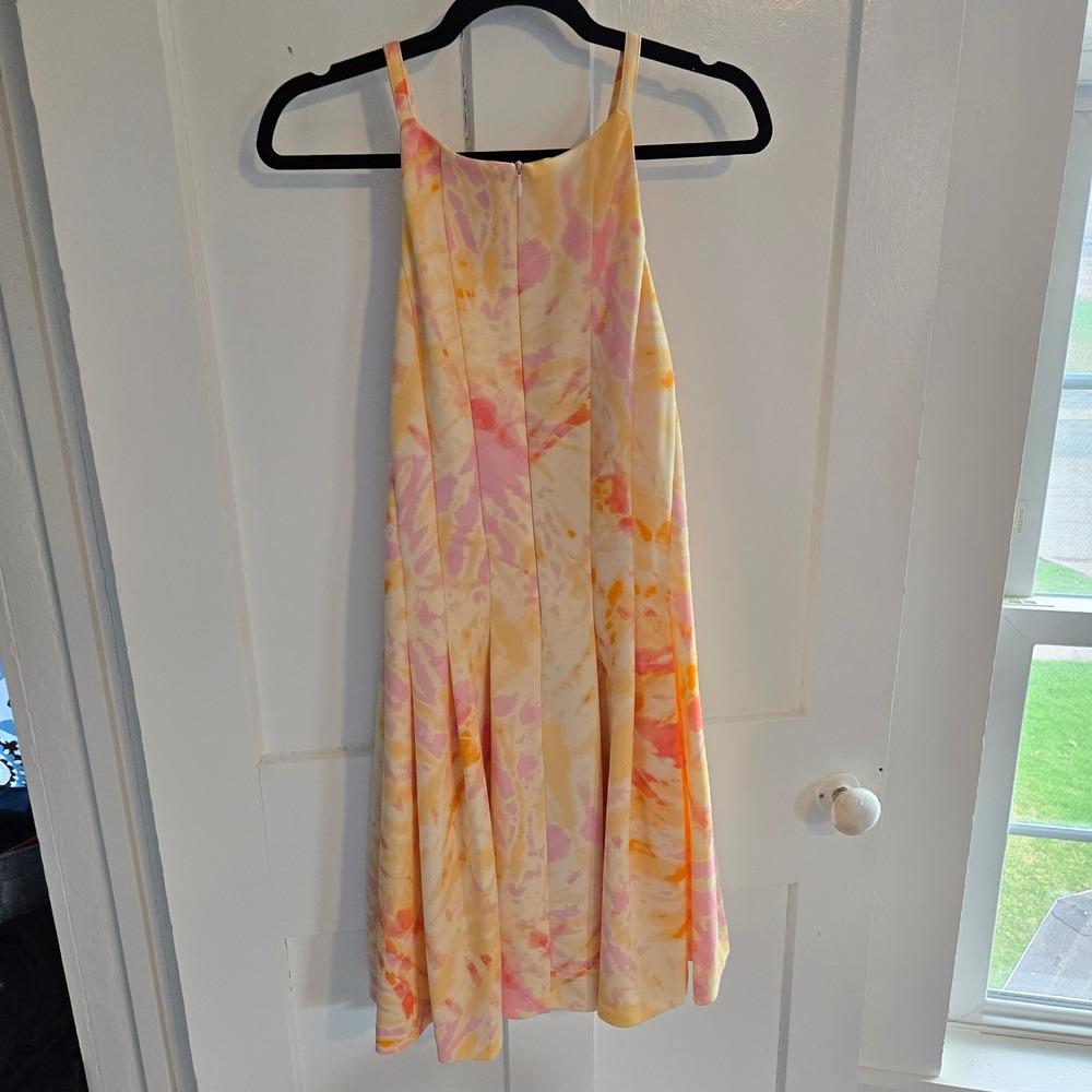 Vince Camuto Fit and Flare Pleated Halter Mini Dress Size 14 Pink Yellow Tie Dye